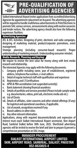 Sialkot International Airport Sialkot Tender Notice